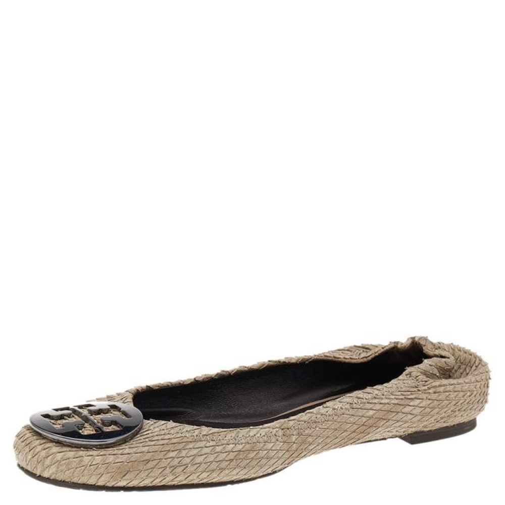 TORY BURCH Beige Python Embossed Leather Minnie Scrunch Ballet Flats